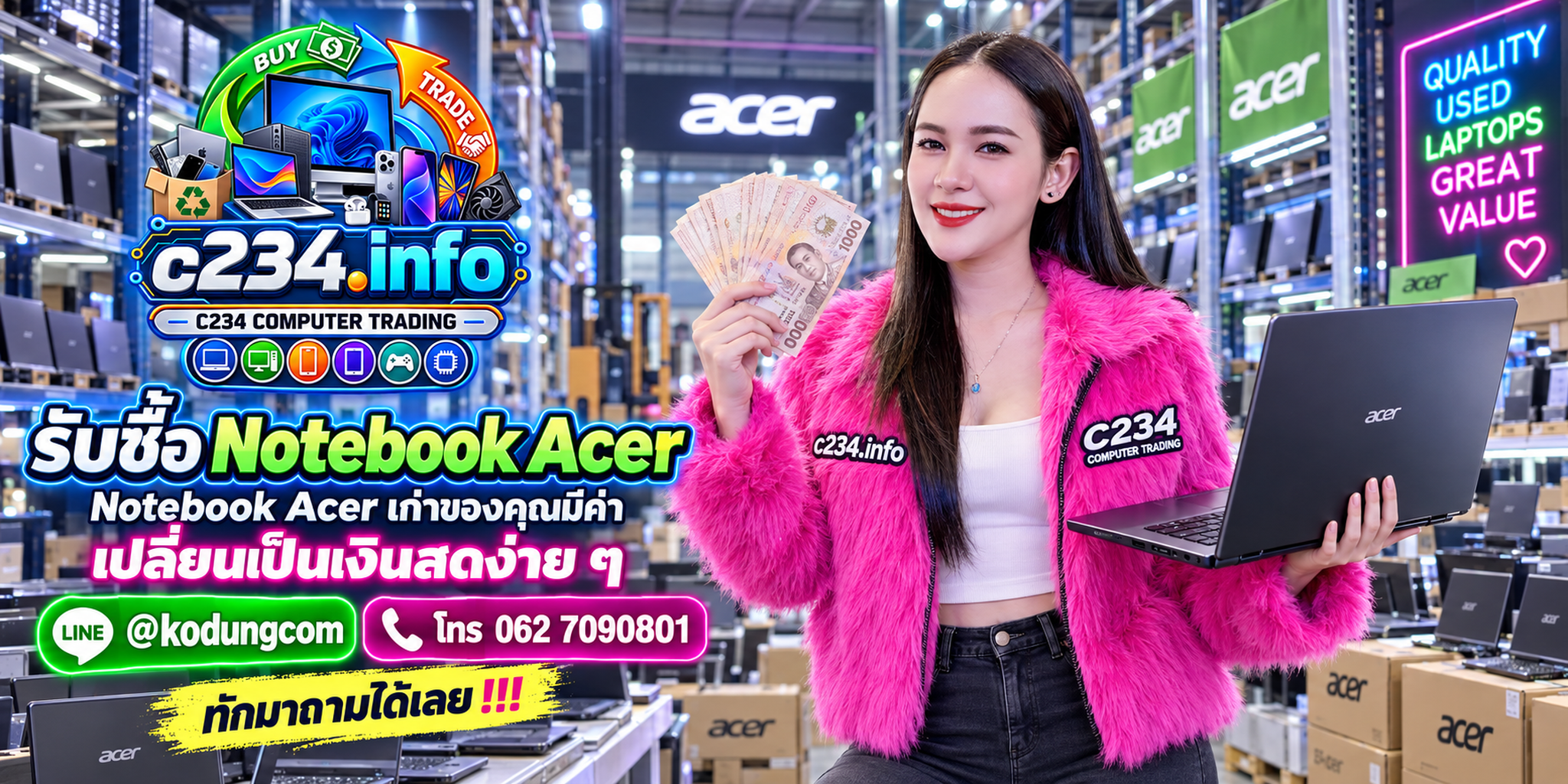 C234 Computer Trading รับซื้อ Notebook Acer ให้ราคาตามรุ่น สเปก และสภาพ ติดต่อ LINE @kodungcom โทร 062-7090801