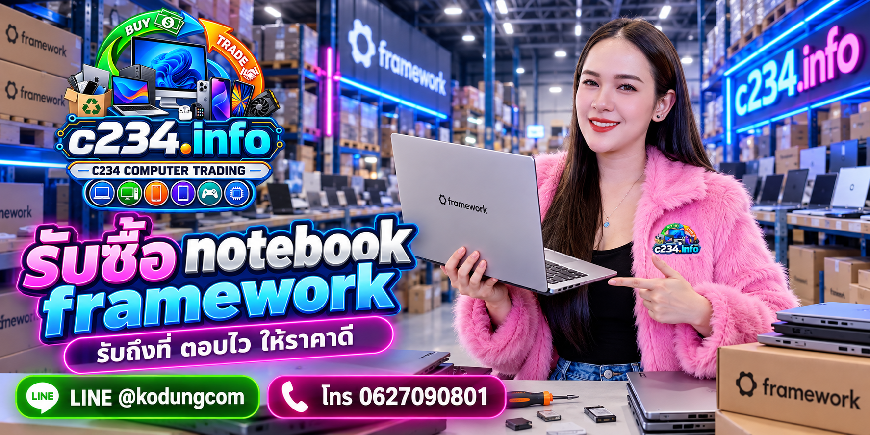 C234 Computer Trading รับซื้อ Notebook Framework ถึงที่ ติดต่อ LINE @kodungcom โทร 062-7090801