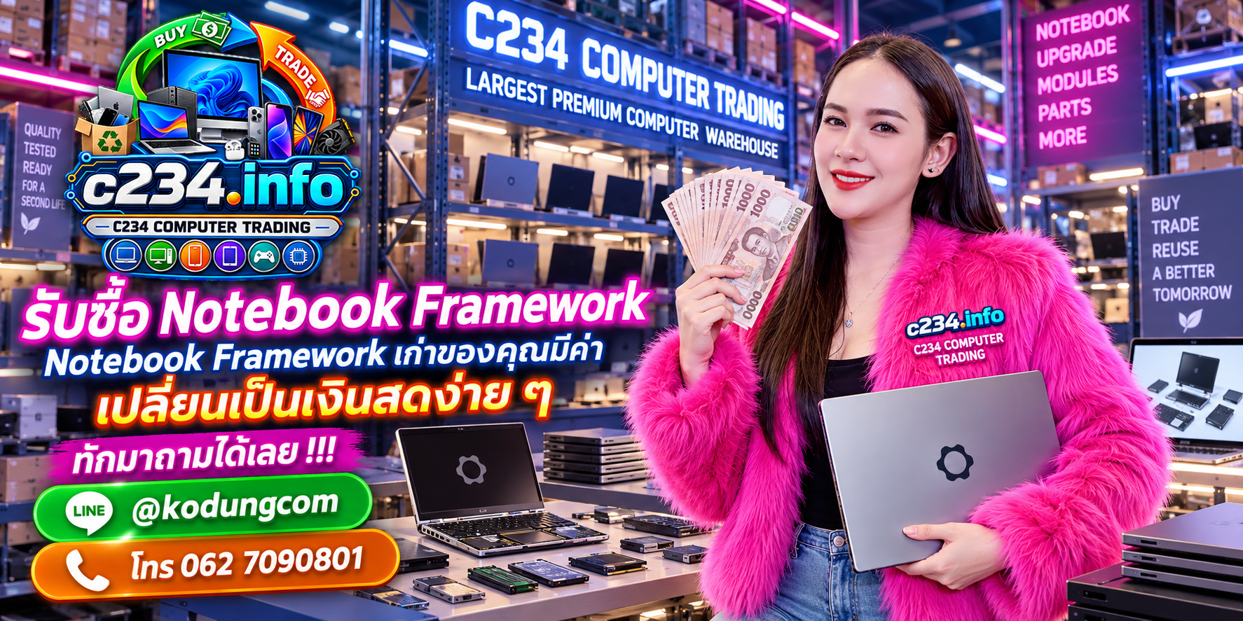 C234 Computer Trading รับซื้อ Notebook Framework มือสอง เก่า เสีย เปิดไม่ติด ติดต่อ LINE @kodungcom โทร 062-7090801